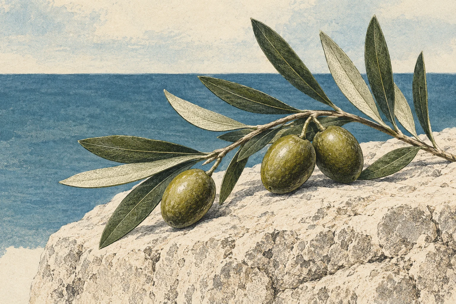 Olive twig and olives on limestone.